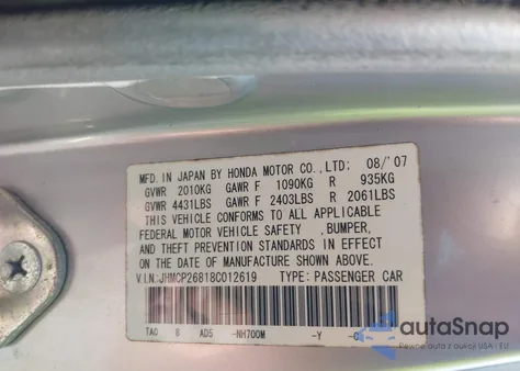 2008 Honda Accord 2.4 Ex-L from USA, damaged, VIN JHMCP26818C012619